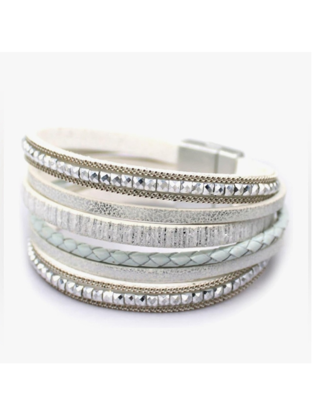 NEW White Boho Leather Wrap Layered Bracelet Magnetic Clasp Stackable